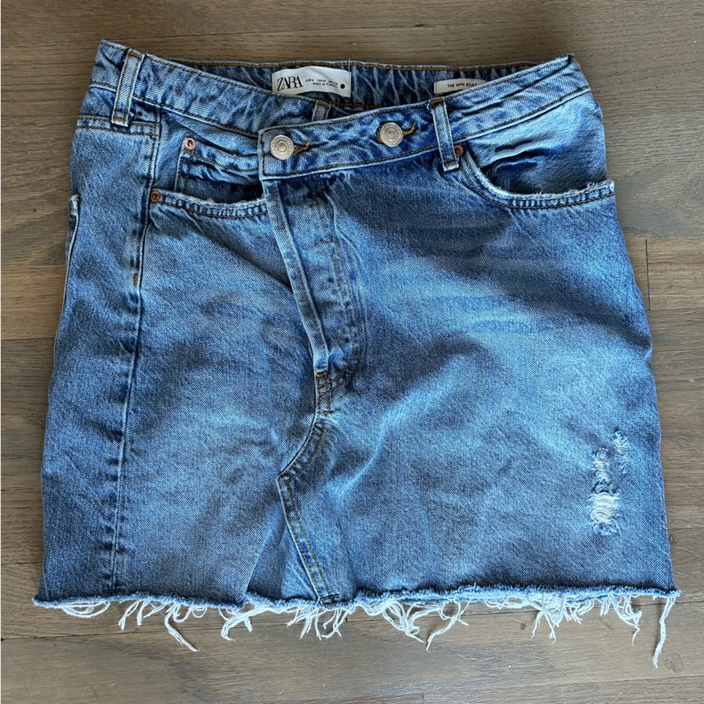 Zara Asymmetric Waist Denim Mini Skirt, Size Medium